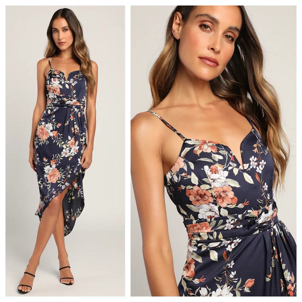 Lulu's Navy Floral Midi Dress with Peach and Cream Blooms